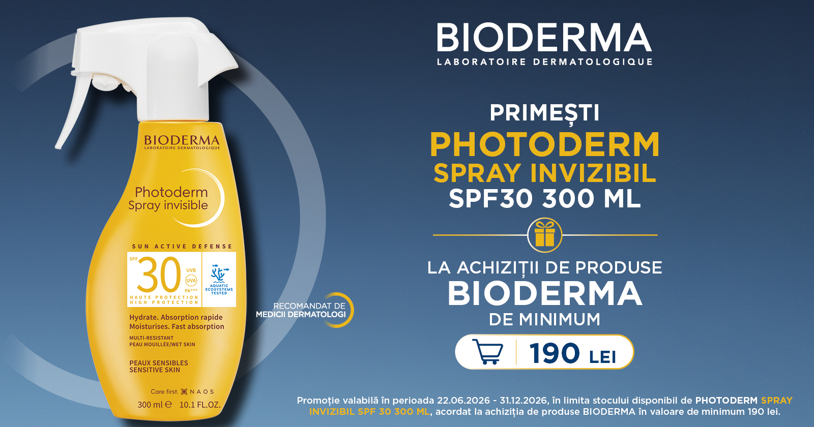 Bioderma - la 190 lei portofoliu primeste gratis Promotie Photoderm spray SPF 30 la 300 ml (P438844002) 